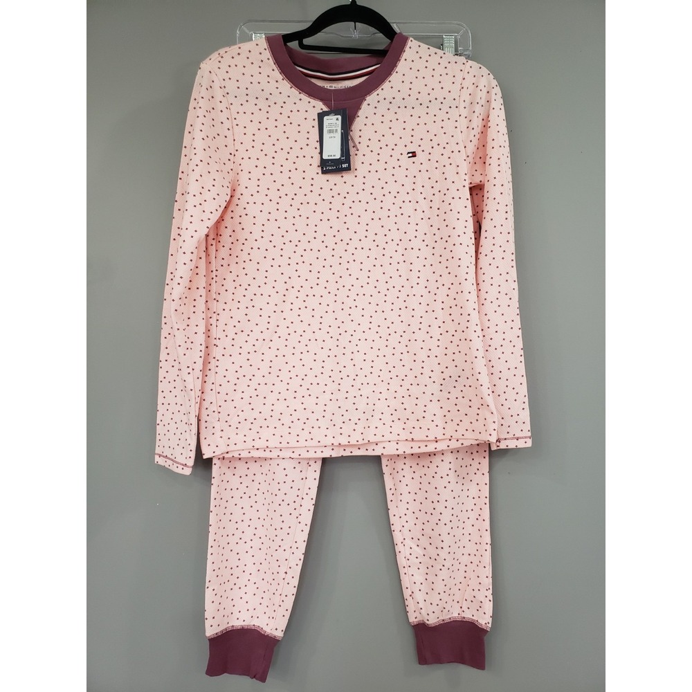 NEW Tommy Hilfiger 2 Piece Printed Thermal Pajamas Set Lounge Pink Shirt Pants